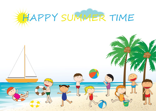 Children and beach summer background vector 02 summer children beach background   