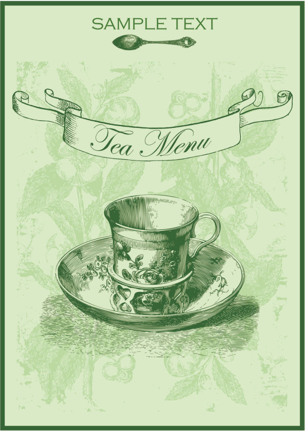 Green tea menu 01 teacup spoon shading ribbon menu line green tea   