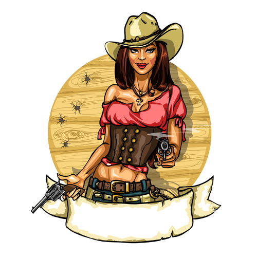 Cowboy girl with vintage labels vector 03 vintage labels girl cowboy   