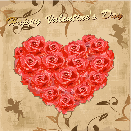 Valentine day vintage background with rose heart vector vintage Valentine rose heart day background   