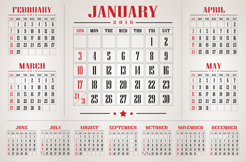 Retro 2016 calendars design vector material 02 material design calendars 2016   