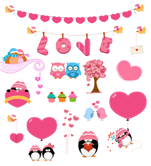 Owls and penguins with hearts vector penguins owls hearts   