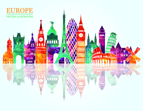 Europe colored landmark building vector Europe colored building   