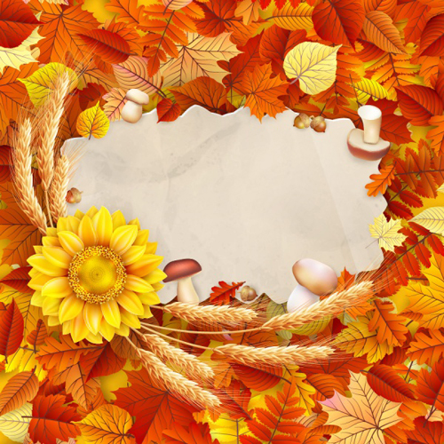 Autumn leaves with wheat and mushrooms frame background vector wheat mushrooms frame background autumn   