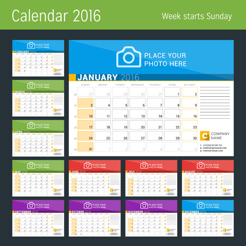 Colored desk calender 2016 vector graphics 02   