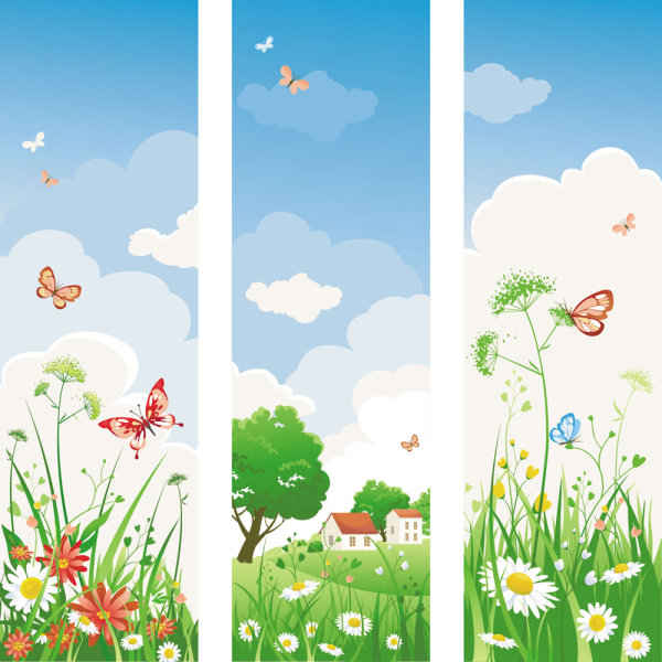 spring elements of banner 04 Spring is in the air. flowers clouds cartoon cabin butterfly banners banner   
