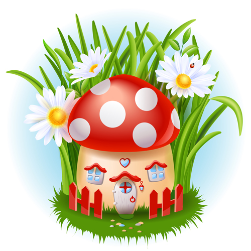 Cute mushroom house and white flower vector mushroom house flower   