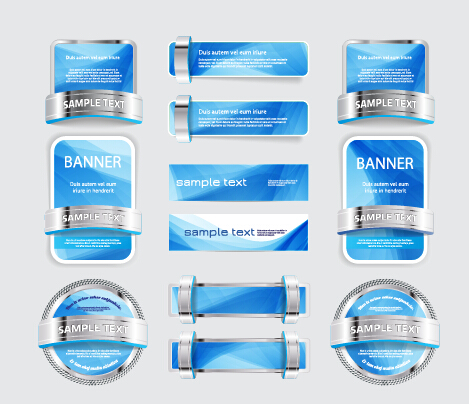 Metal with blue web banners and labels vector web metal labels blue banners   