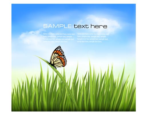 Beautiful butterfly and green grass vector background 01 Vector Background green grass green grass butterfly beautiful background   