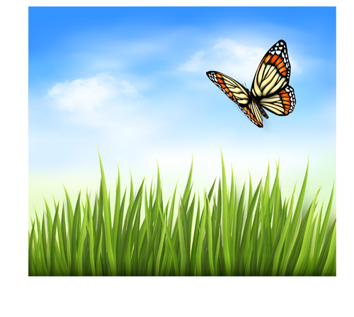 Beautiful butterfly and green grass vector background 03 Vector Background green grass green butterfly beautiful background   