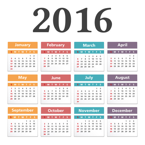 Simple 2016 calendars colored vector 02 simple colored calendars 2016   