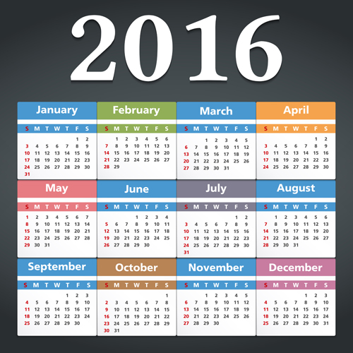 Simple 2016 calendars colored vector 01 simple calendars 2016   