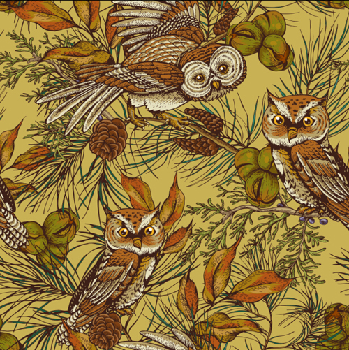 Vintage owl with botanical seameless pattern vector 02 vintage seameless pattern owl Botanical   