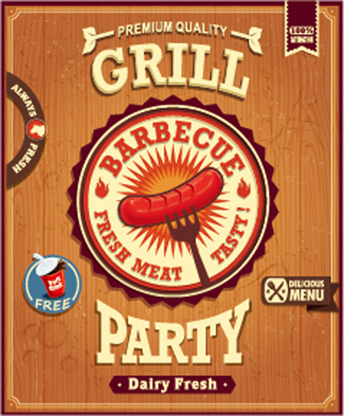 Retro grill party poster vector material 02 Retro font poster party grill   