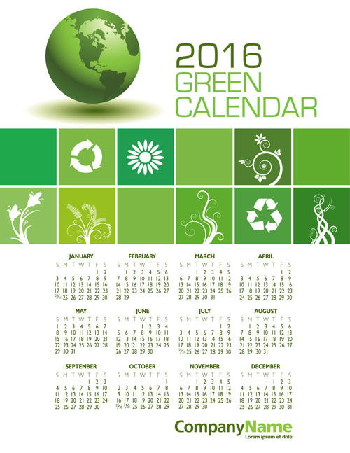 2016 Calendar with green globe vector 03 green calendar 2016   