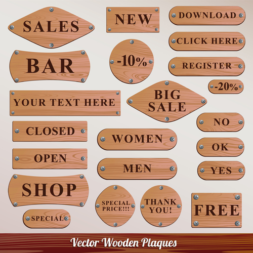 Set of Wooden plaques labels vector 03 wooden wood plaque labels label   