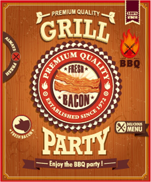 Retro grill party poster vector material 01 Retro font poster party grill   