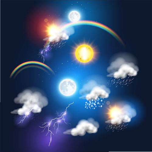 Lightning rainbow cloud with moon and sun vector sun rainbow moon lightning cloud and   