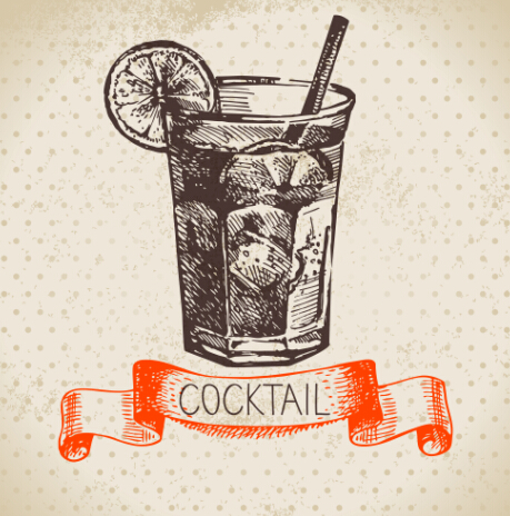 Hand drawn Cocktails with ribbon vector background ribbon hand drawn cocktails   