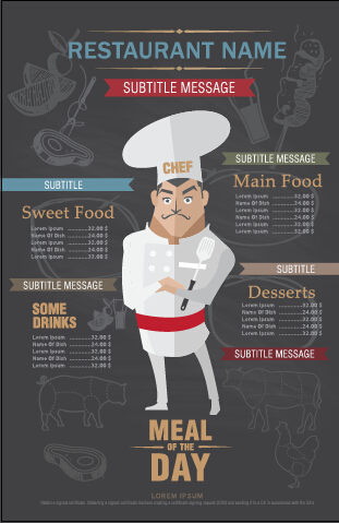 Funny chef with restaurant menu vector 03 restaurant menu funny chef   