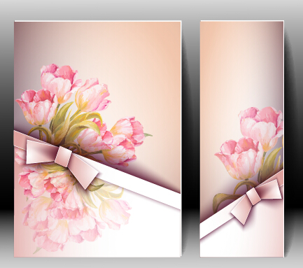 Flowers with bow spring cards vector material 01 spring flowers flower cards bow   