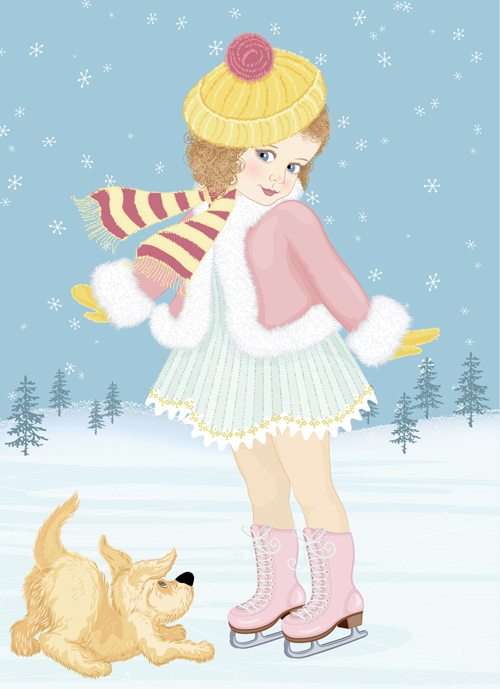 Winter little girl and cute dog design vector 01 winter little girl cute   