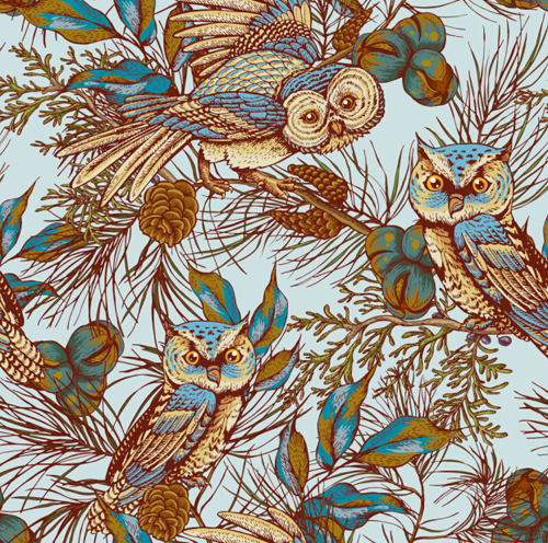 Vintage owl with botanical seameless pattern vector 01 vintage seameless pattern owl Botanical   