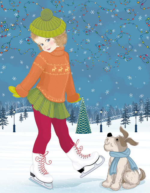 Winter little girl and cute dog design vector 03 winter little girl dog cute   