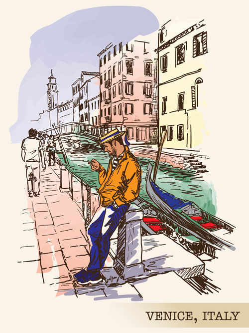 Venice italy hand drawn town background vector 01 Venice town Italy hand drawn background   