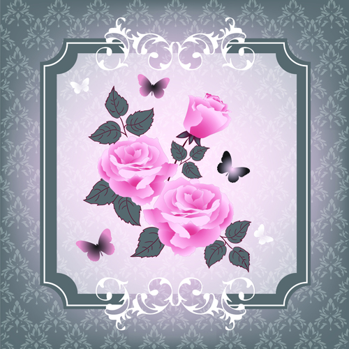 Beautiful pink roses with vintage background vector 04 vintage roses pink background vector background   