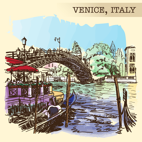 Venice italy hand drawn town background vector 03 Venice town hand drawn background   