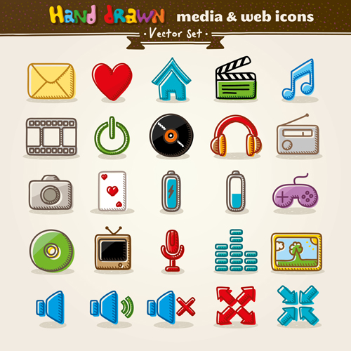 Hand drawn media and web vector icons media icons icon hand drawn hand drawn   