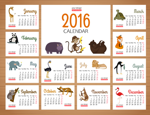 2016 calendars with wild animal vector calendars Animal 2016   