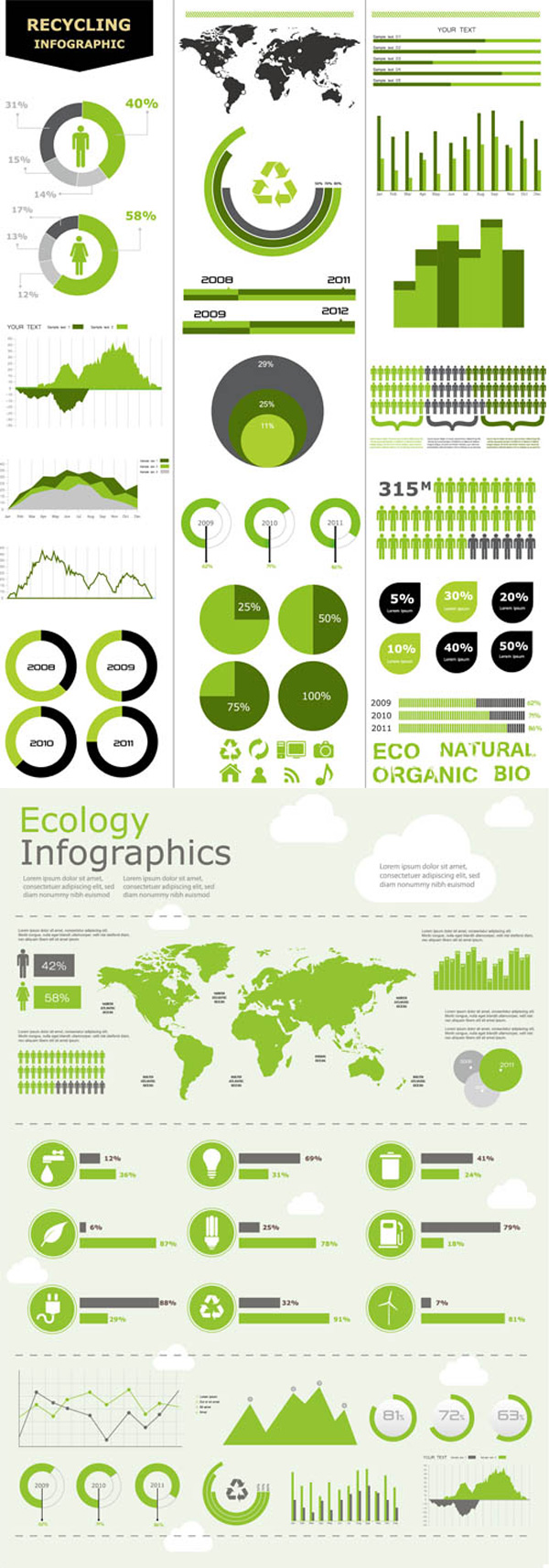 Green information chart vector graphics world statistical charts maps of infographics data circular diagram charts   