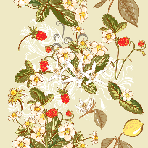 Seamless white flowers with wild strawberry vector pattern wild strawberry seamless pattern flowers   