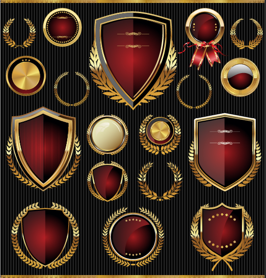 Golden shields with laurels and medals vector 01 shields medals laurels golden   