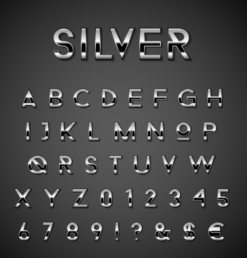 Silver alphabet with numbers and symool vector silver numbers number alphabet   