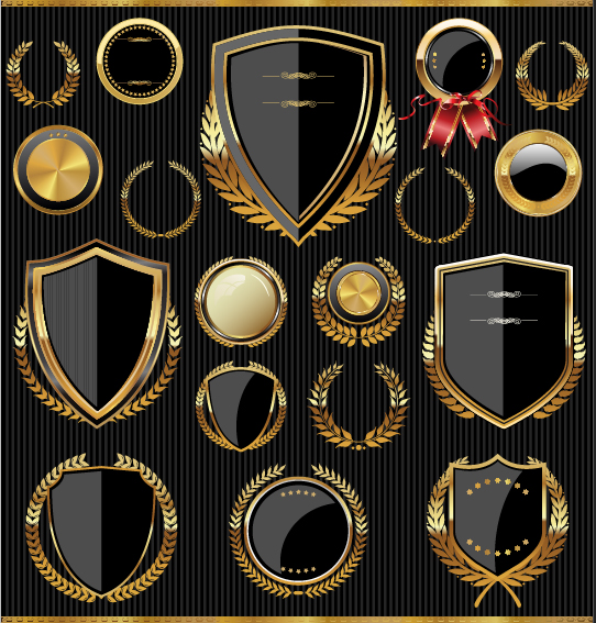 Golden shields with laurels and medals vector 03 shields medals laurels golden   