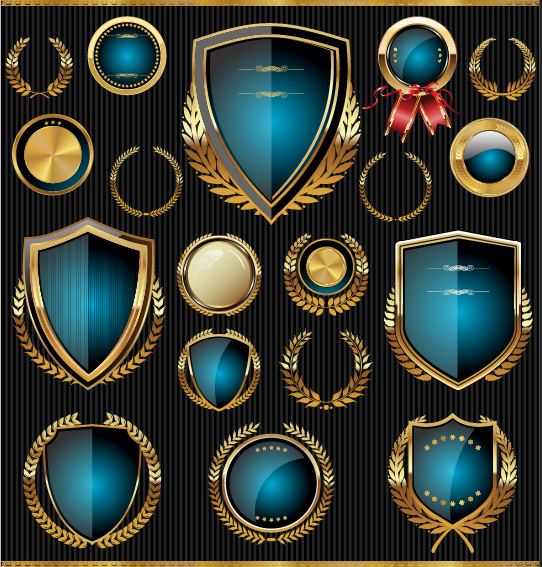 Golden shields with laurels and medals vector 05 shields medals laurels laurel golden   