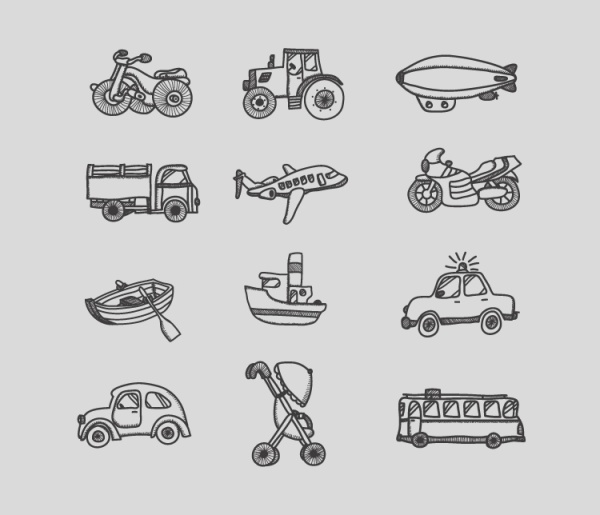 Transportation hand drawing icons set transportation icons hand   