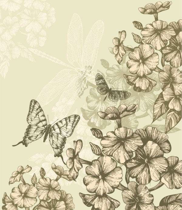 Hand drawn flower with Butterflies and dragonflies vector set 01 hand drawn flower dragonflies butterflies   