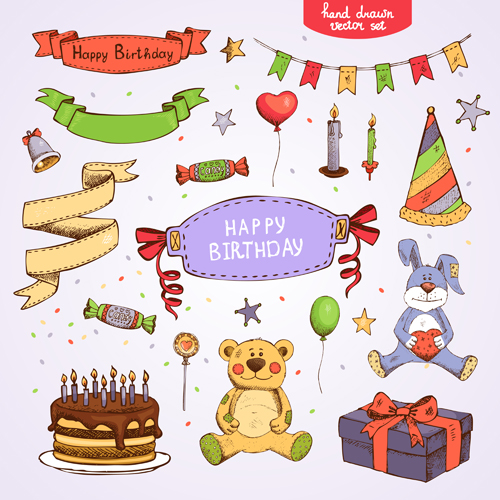 Hand drawn happy birthday elements vector happy birthday hand drawn elements   