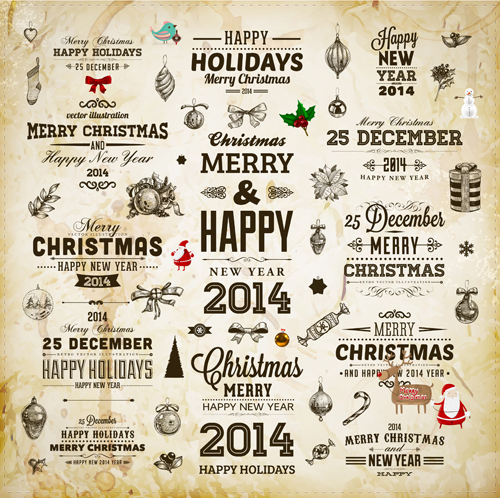Vintage christmas and 2014 New Year with holiday elements vector vintage new year holiday elements element christmas 2014   