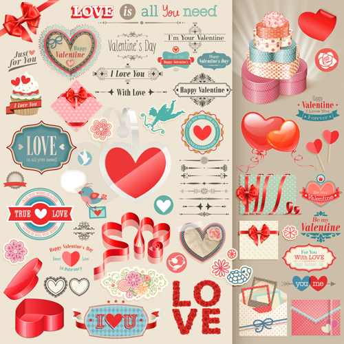 Valentines Day retro elements vectors valentines Valentine Retro font elements   