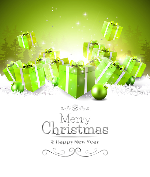 Snow card with christmas balls green gift boxs vector with snow green gift christmas card Boxs balls   