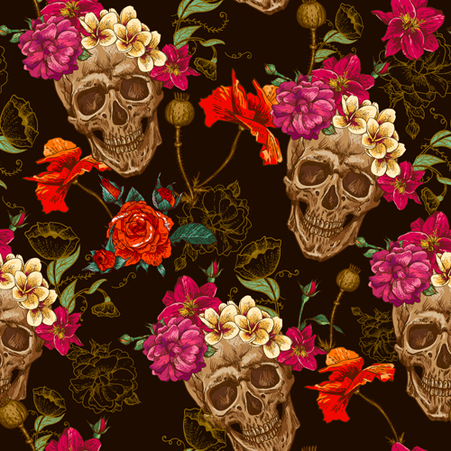 Skull and poppies flower seamless pattern vector seamless poppies pattern vector flower   