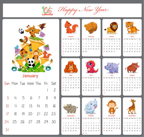 2016 calendar cartoon animal vector material cartoon animal calendar 2016   