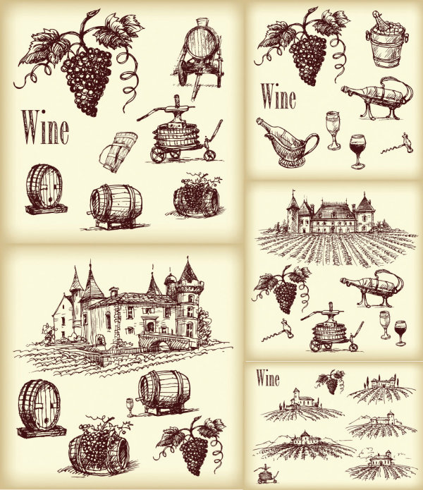 Line drawing of wine WNE wine cup wine manor grape castle bottles barrels   