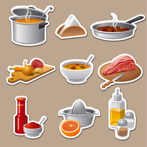 Cooking food stickers vector set stickers food cooking   