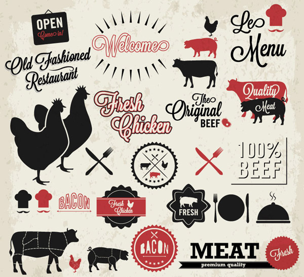 Quality meat labels with restaurant elements vector restaurant quality labels label   